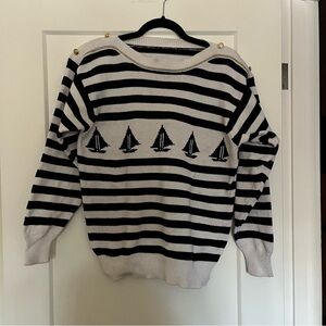 Vintage handknit sailboat stripped coastal nautical blue white stripped sweater